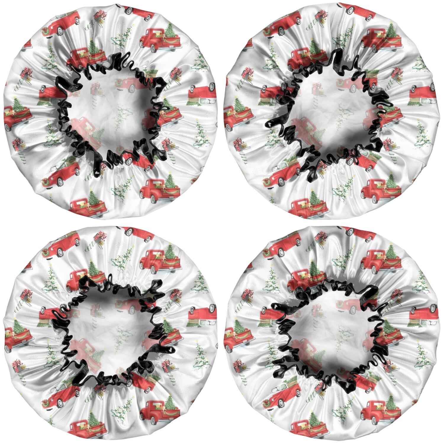 Shower Caps,Red Christmas Truck Pattern Waterproof Shower Cap for Women 4 Pieces,Double Reusable Hair Cover for Shower PEVA Elastic Stretch Hem