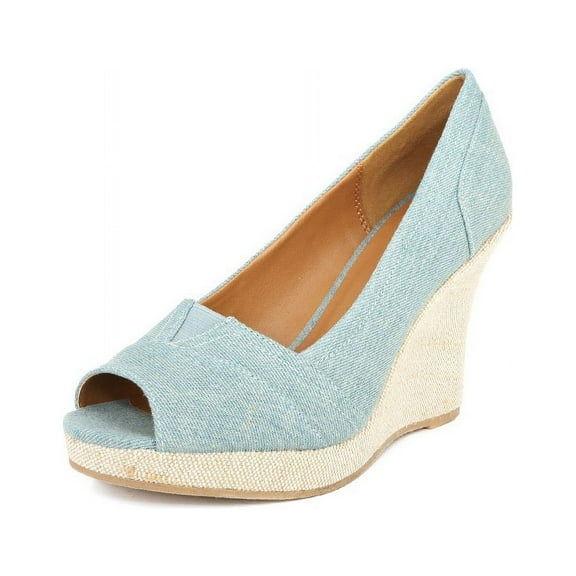 Qupid TALEN-265 Peep Toe Canvas Wedge Heel Sandals