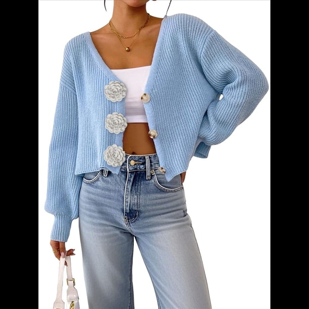 Suéter Tipo Cárdigan Corto con Flores 3D para Mujer, Elegante, Holgado, de Larga, Abierto Al Frente, Tejido y , para Otoño. Azul M