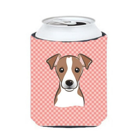 Checkerboard Pink Jack Russell Terrier Can Or Bottle Hugger, 12 Oz.