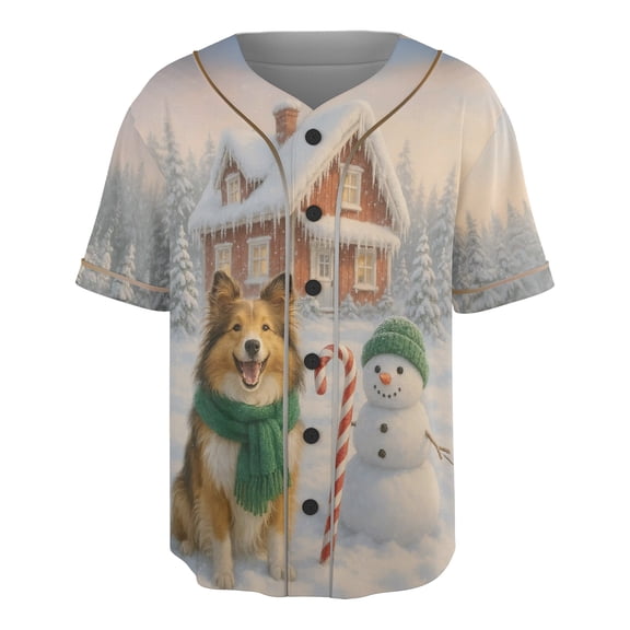 Hello Winter Vintage Shetland Sheepdog Enjoys Snowy Day with Snowman All Over Print 3D Baseball Shirt Sheltie Dog Lover Gifts Softball Sport - 12019