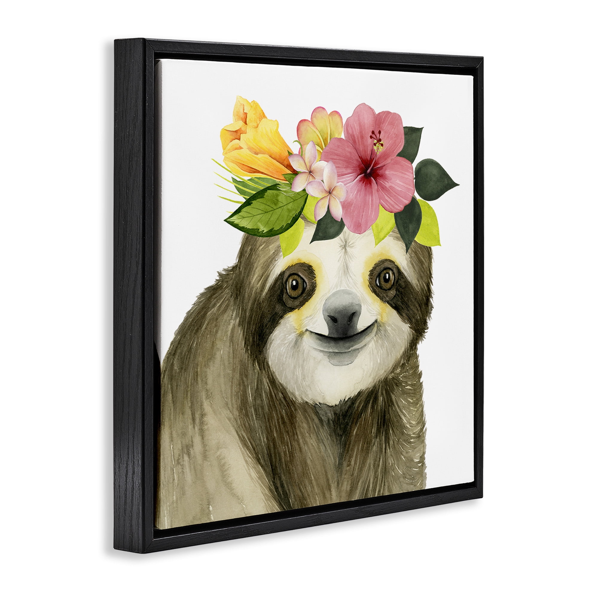 Stupell Industries Smiling Sloth in Flower Crown Animals & Insects Painting Black Floater Framed Canvas Art Print Wall Art, 25 x 25