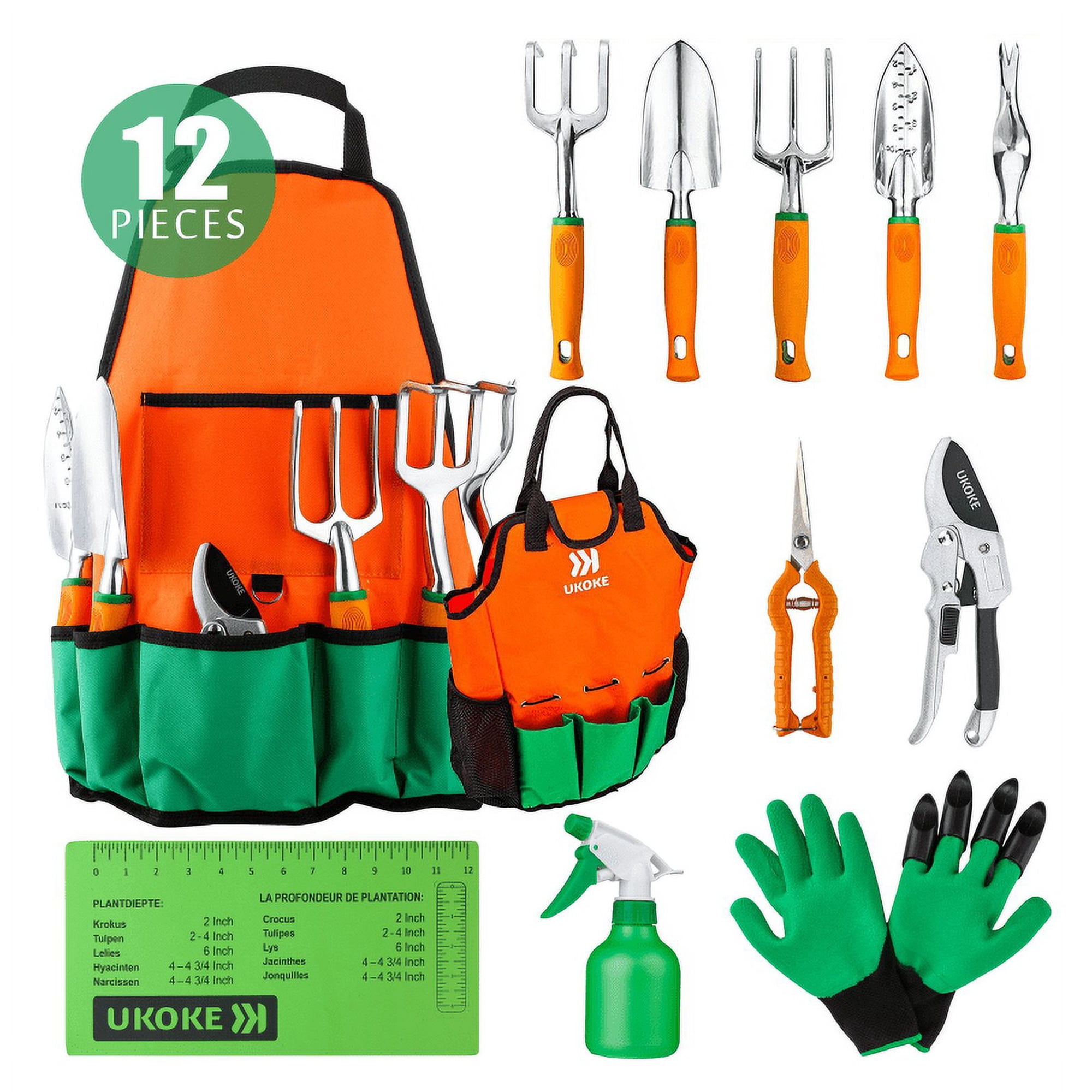 Ukoke 12 Piece Aluminum Garden Tools Set Gardening Apron with Storage Pocket