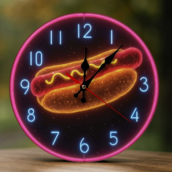 Wall Clock Decorative - Retro Neon Hotdog Print 2D Vintage Wall Clocks Battery Operated Silent Non-Ticking for Bedroom, Living Room, Kitchen, Office, Classroom, 10 Inch