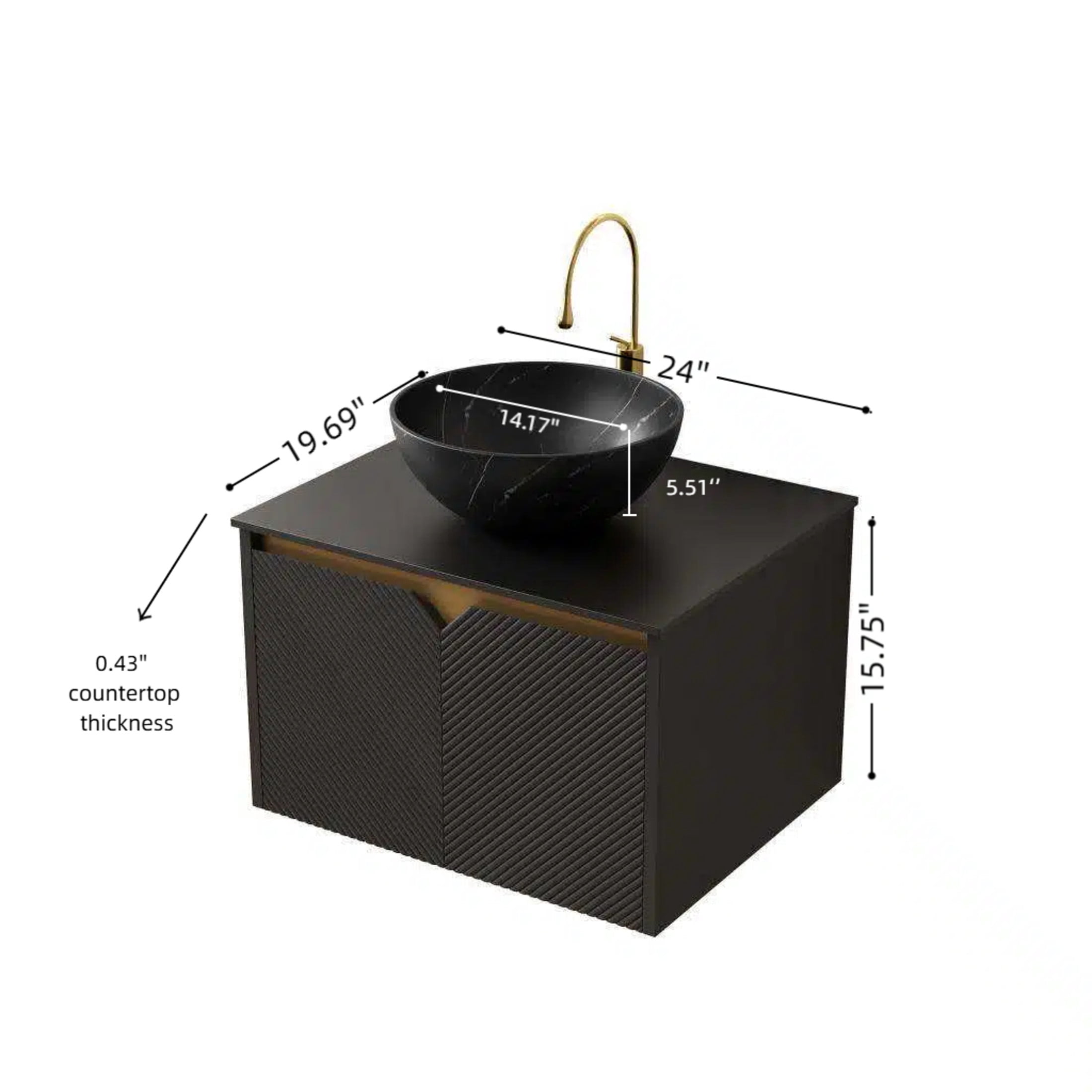 Noble House RUBEN 24" Floating Bathroom Vanity, Sintered Stone Top Cabinet with Black Bowl Ceramic Vessel Sink, Black