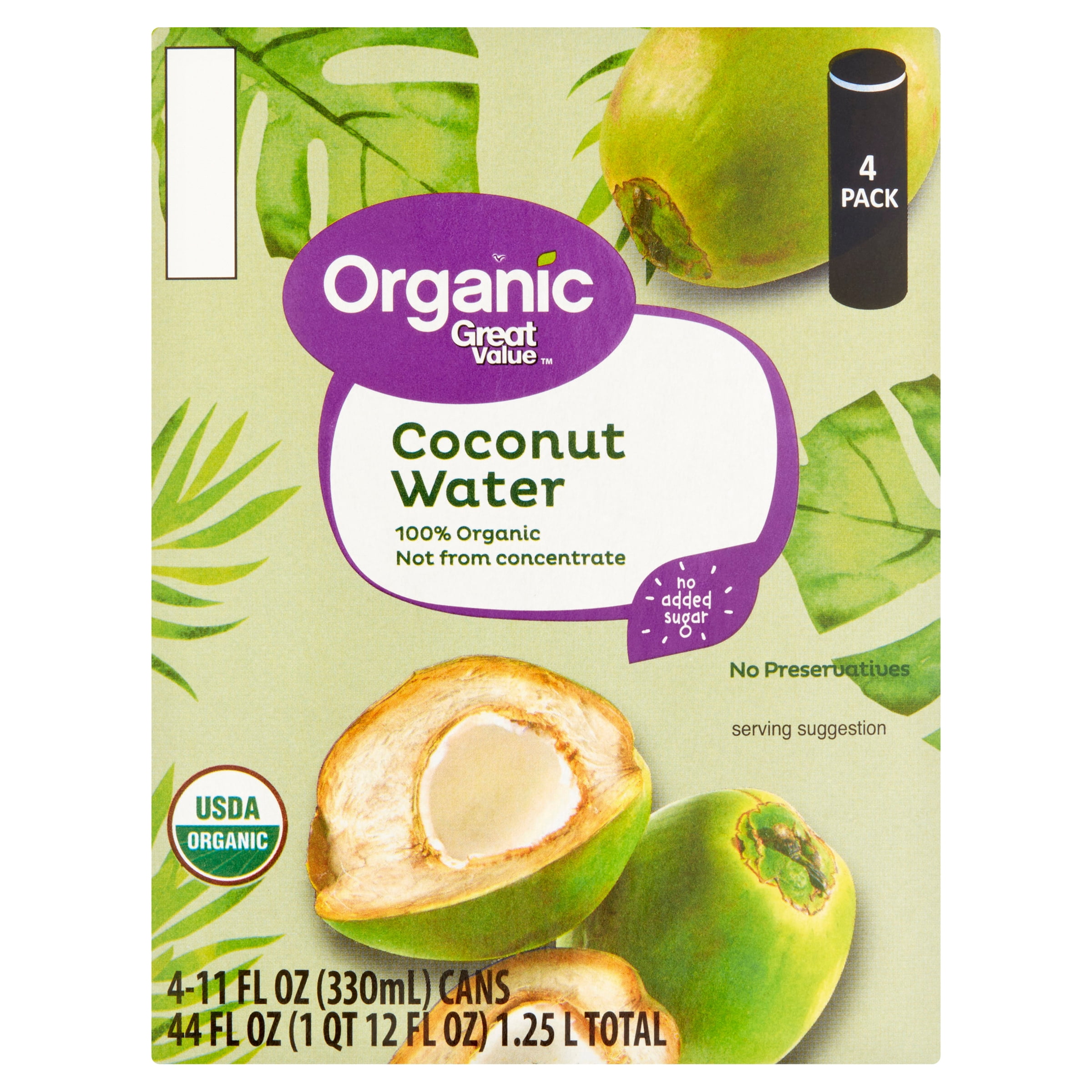Great Value Organic Coconut Water, 11 fl oz, 4 Count