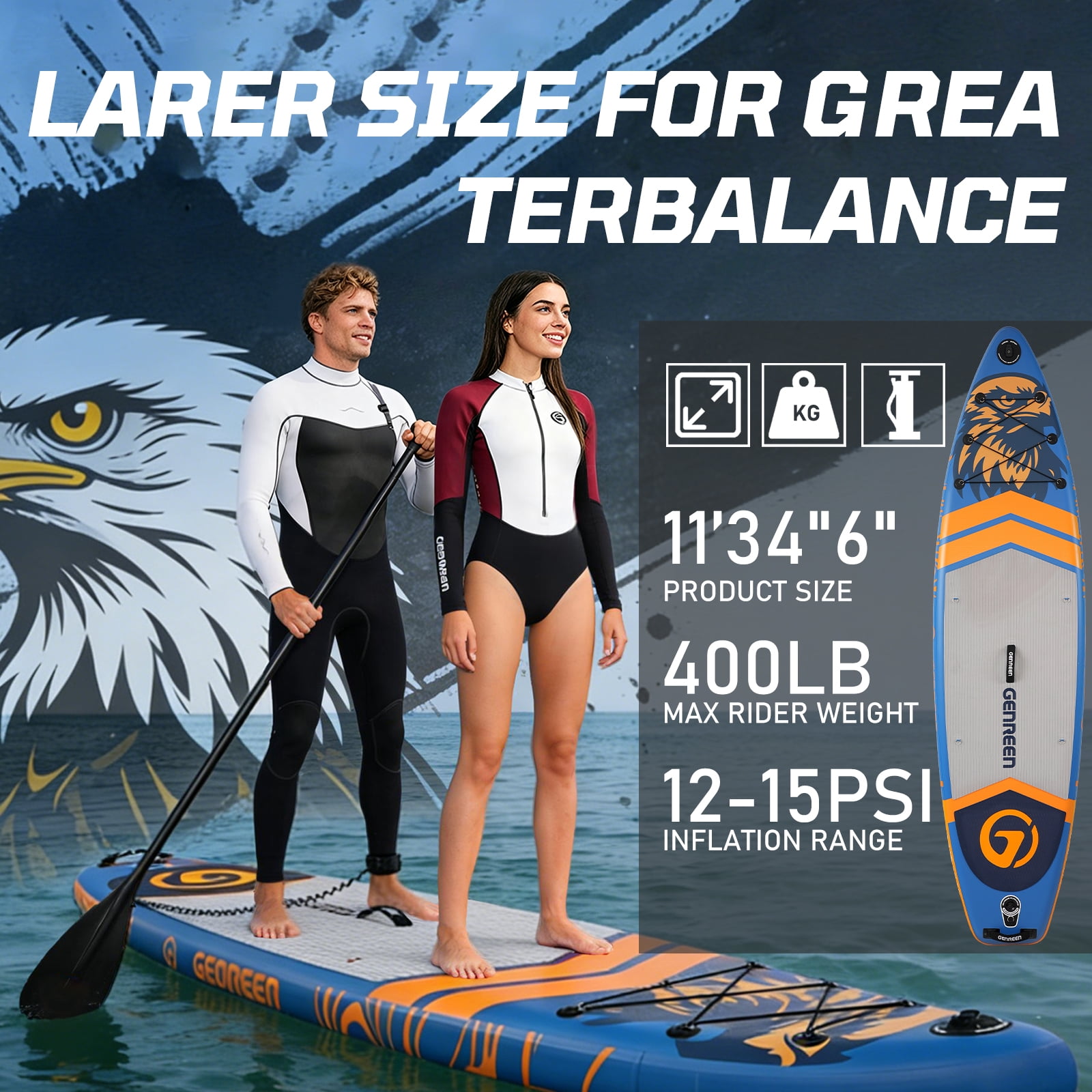 Genreen 11ft Stylish Inflatable Stand Up Paddle Board (SUP), Fishing Paddle Board with All Accessories for All Skill Levels