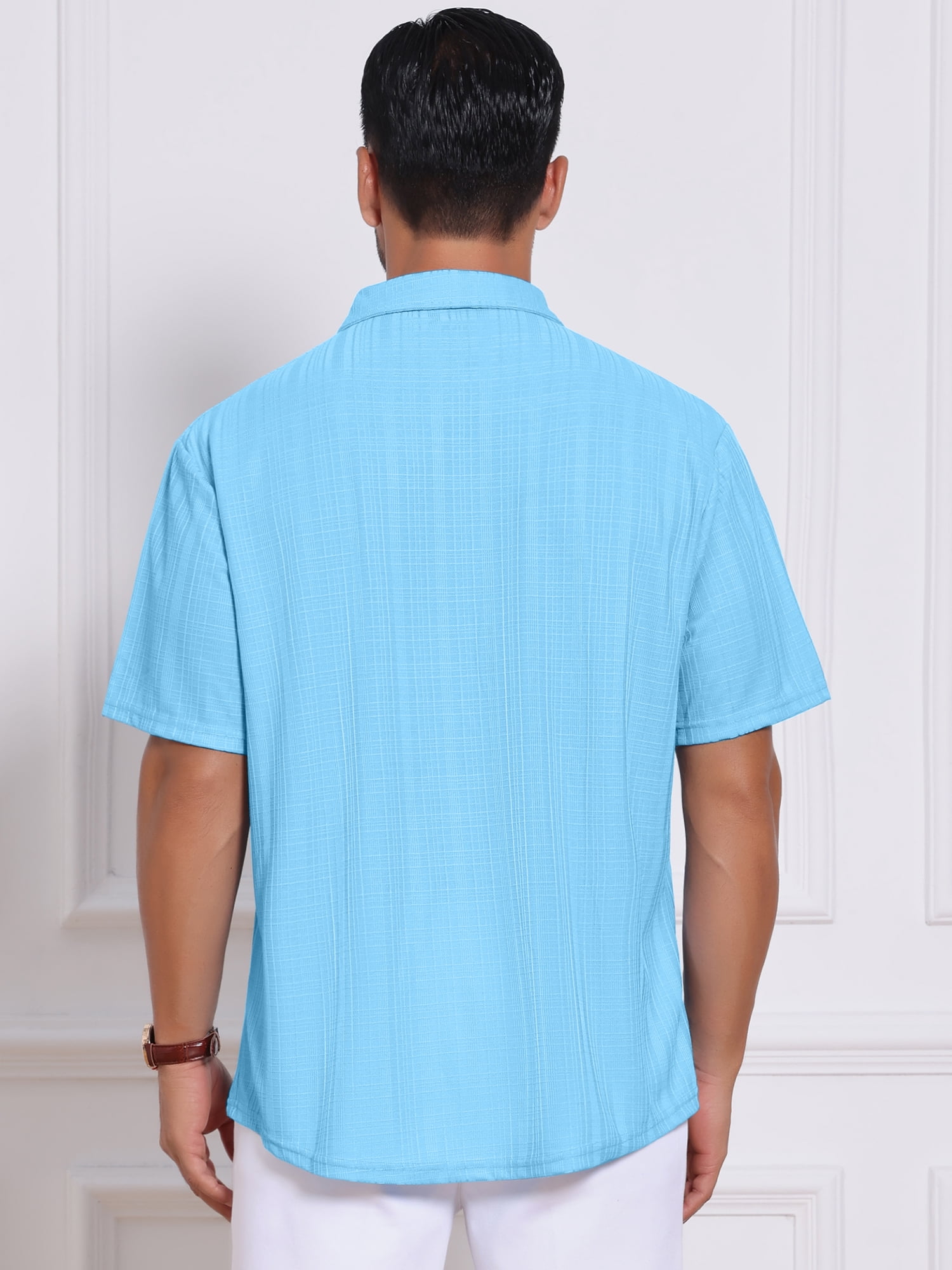 DARING DIVA Men's Texture Short Sleeve Button Down Casual Knitted Shirt M Light Blue