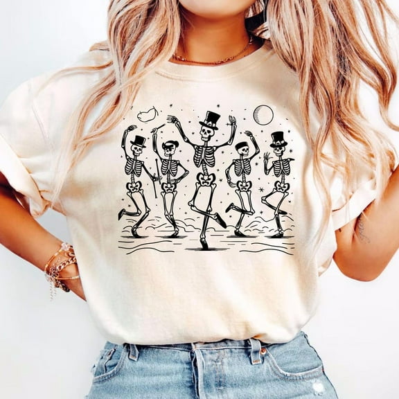 Dancing Skeleton Halloween T-Shirt for Women, Funny Skeleton Party Graphic Tee, Happy Halloween Costume Shirt