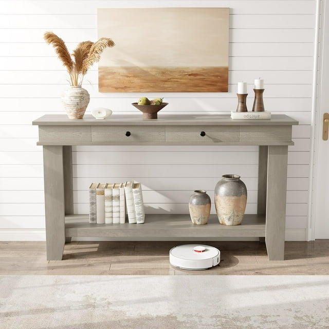 BeesClover 54Inch Entryway Long Console Table with Drawers, Wooden Rectangular Entryway Table w/Open Storage Shelf, Sofa Table Behind Couch, Farmhouse Entry Foyer Table for Hallway, Living Room