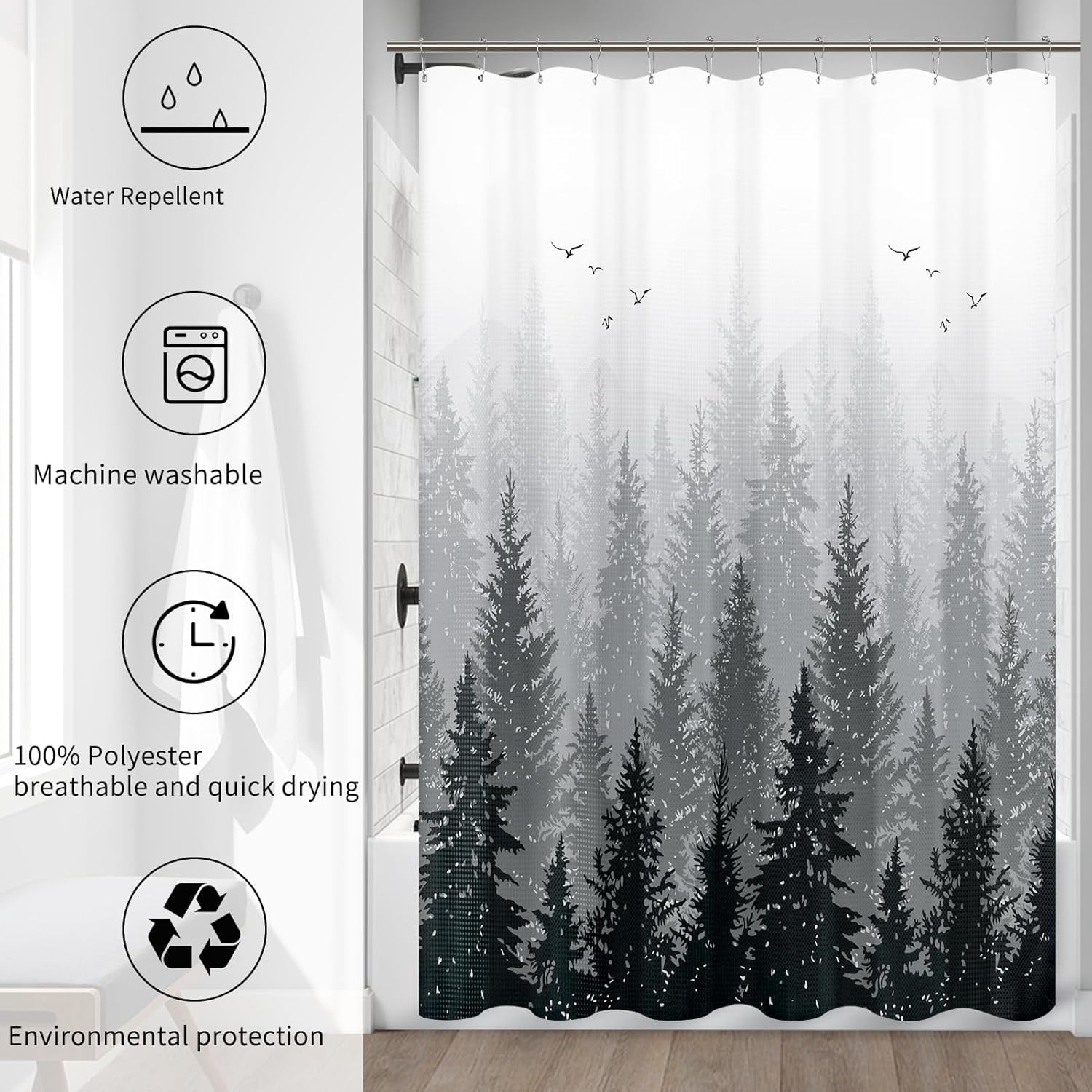 Extra Long Shower Curtains 84 inches Black and White Shower Curtain Mountain Forest Shower Curtain Set Hotel Style Water Repellent Nature Shower Curtains for Bathroom