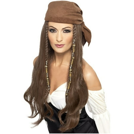 Womens Pirate Wench Brown Wig Bandana With Braids Costume Accessory