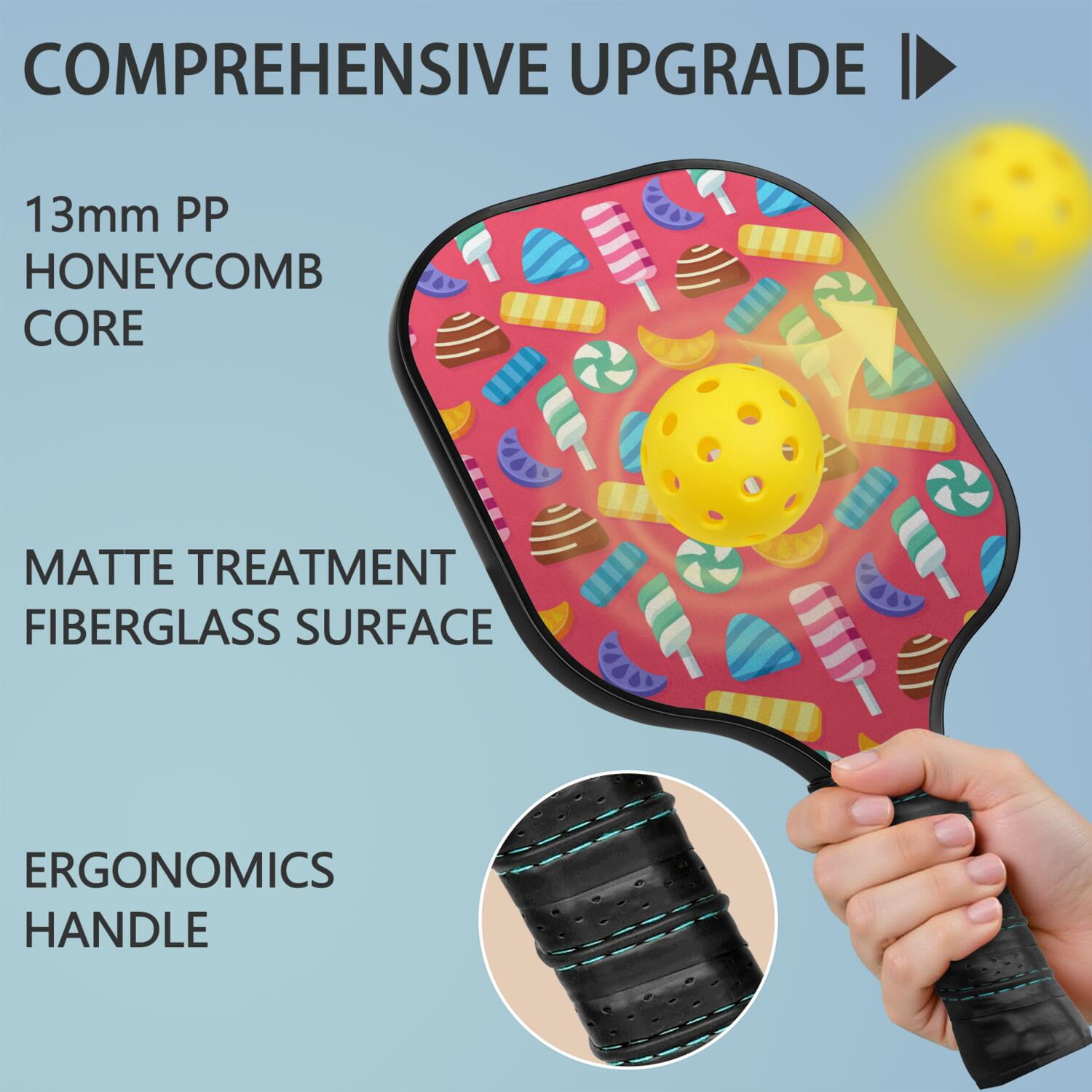 Pickleball Paddles Set Of 2, Fiberglass Surface, Sweet Candy Print, 4 Balls & Bag