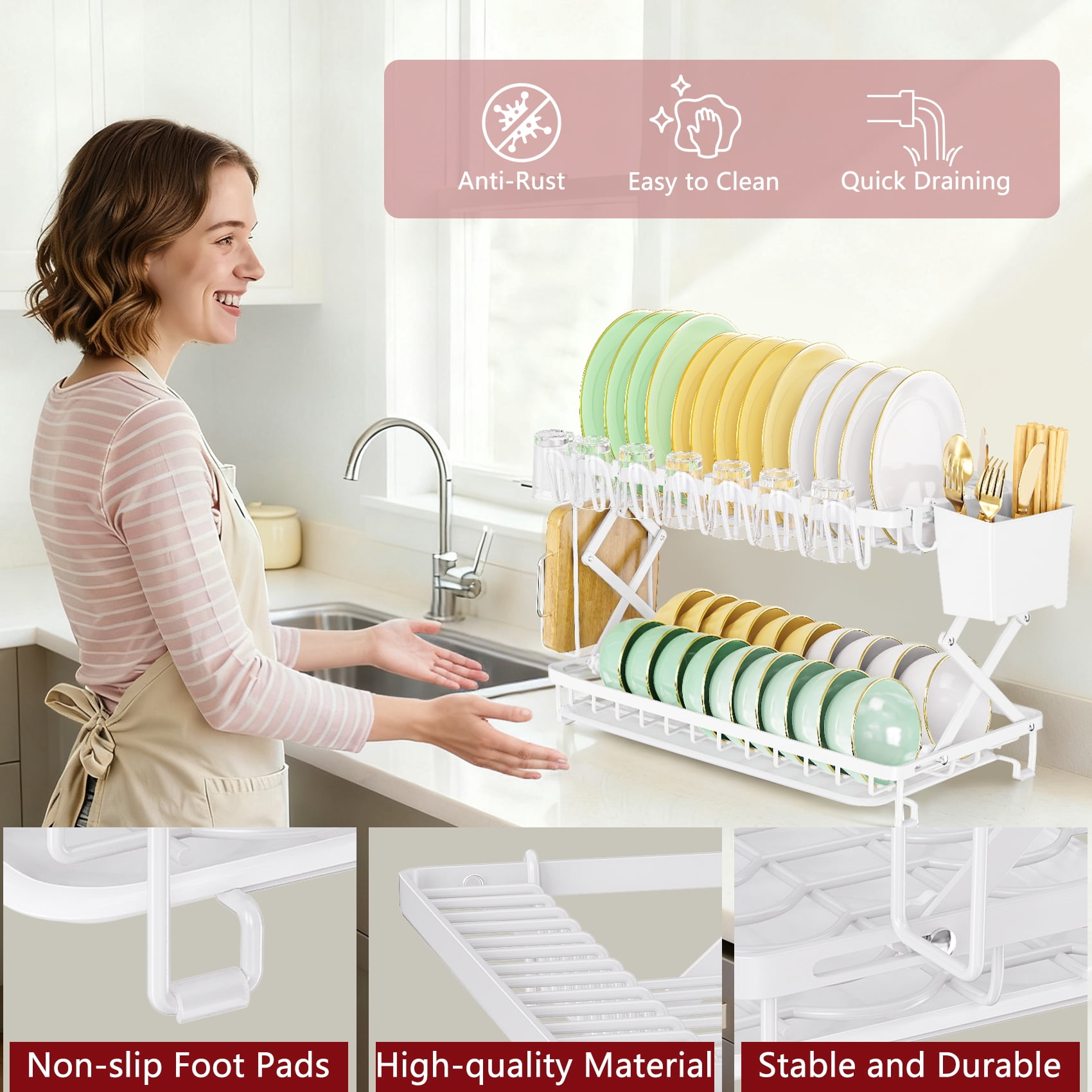 Glovv 2-Tier Large Dish Racks for Kitchen Counter, Space Saving Collapsible Dish Drying Rack, Dish Drainer Sink Organizer with Utensil Holder for Dishes, Spoons and Forks, White