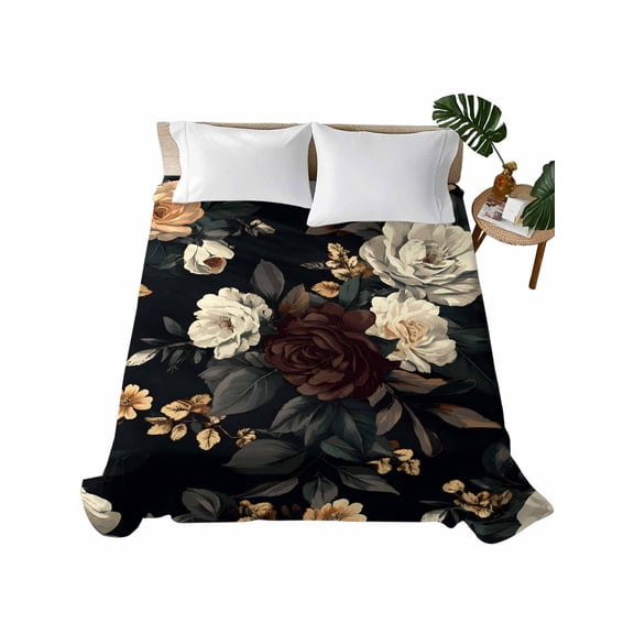 Twin Flat Sheet 66"x96", Vintage Black Floral Soft Lightweight Bedding Flat Sheets Only, Spring Seasonal Botanical Blooms Brushed Microfiber Top Bed Sheet, Breathable StainResistant Bedsheets