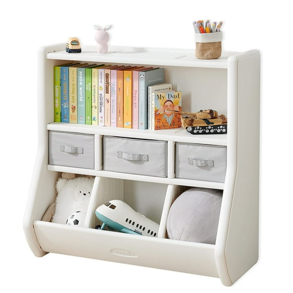 The Montessori Toy Storage Organizer by Fortella, with Bookshelf, Display Shelf, 3 Large Bins, and 3 Removable Drawers, Made of BPA and Formaldehyde FREE HDPE, Safe and