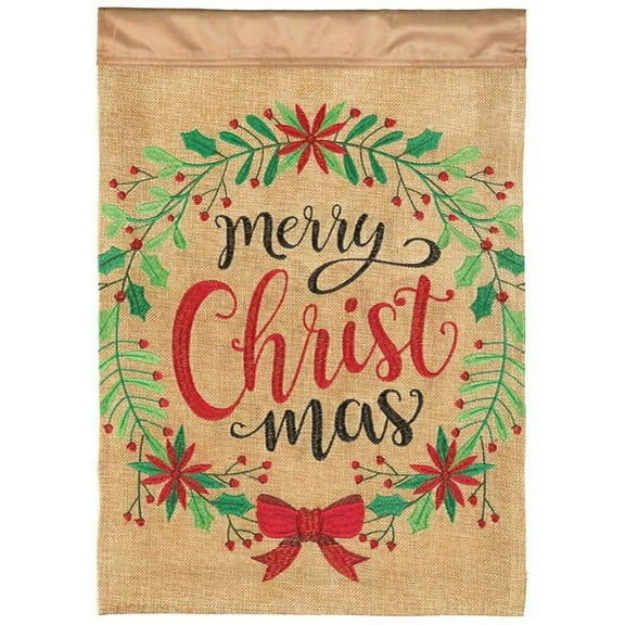 Magnolia Gardens M011700 13 x 18 in. Merry Christmas Wreath Burlap Garden Flag
