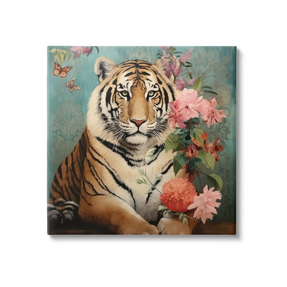 Stupell Industries Vintage Tiger & Bouquet Animals & Insects Painting Gallery Wrapped Canvas Art Print Wall Art, 17 x 17