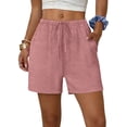 thumbnail image 6 of Cotton Linen Shorts for Women Elastic Waist Drawstring Summer Beach Shorts with Pockets Pink 2XL, 6 of 8