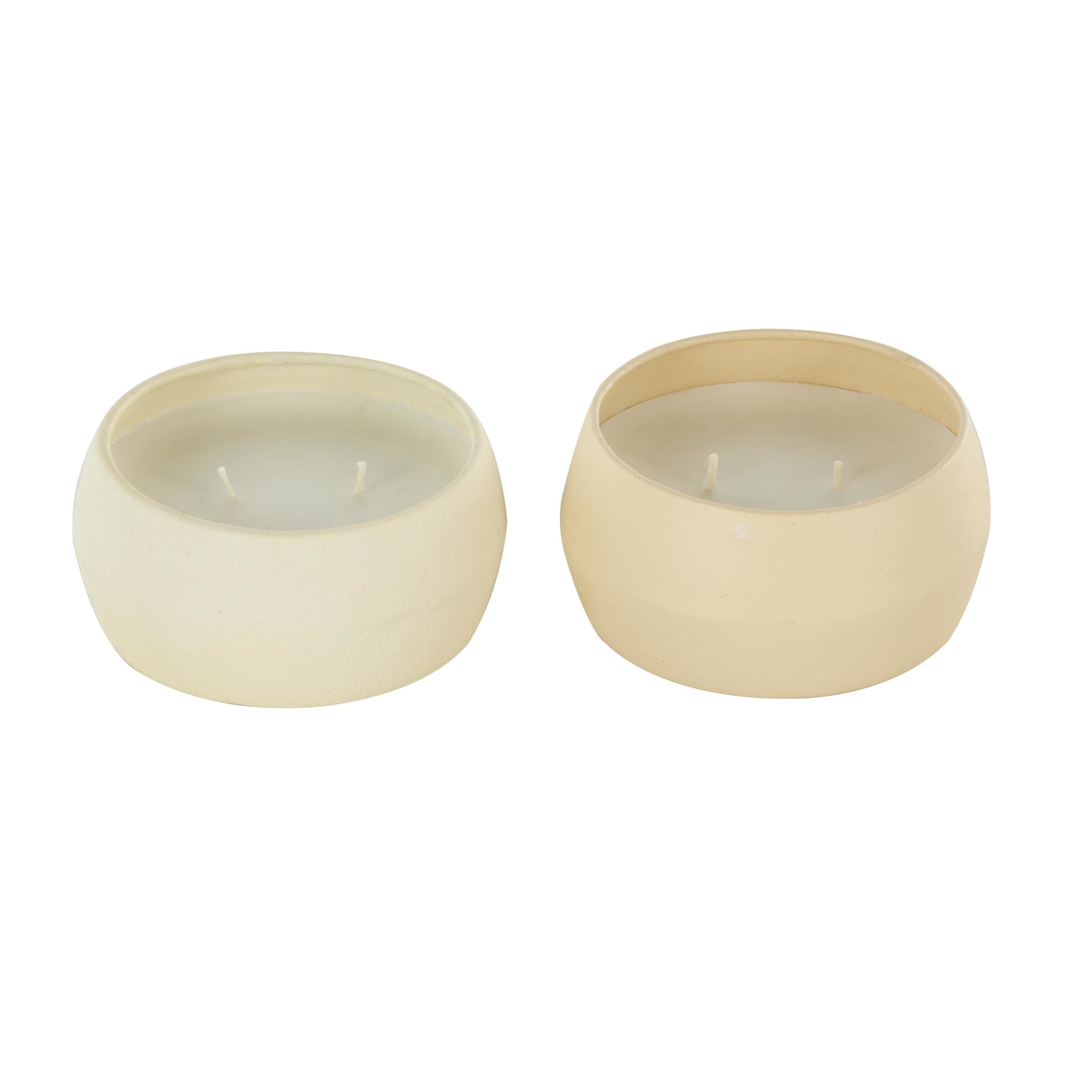 DecMode 2 Holder Beige Metal Fresh Cotton / White Tea & Ginger Scented Textured 9oz 2 Wick Candle with White Wax, (Set of 2)