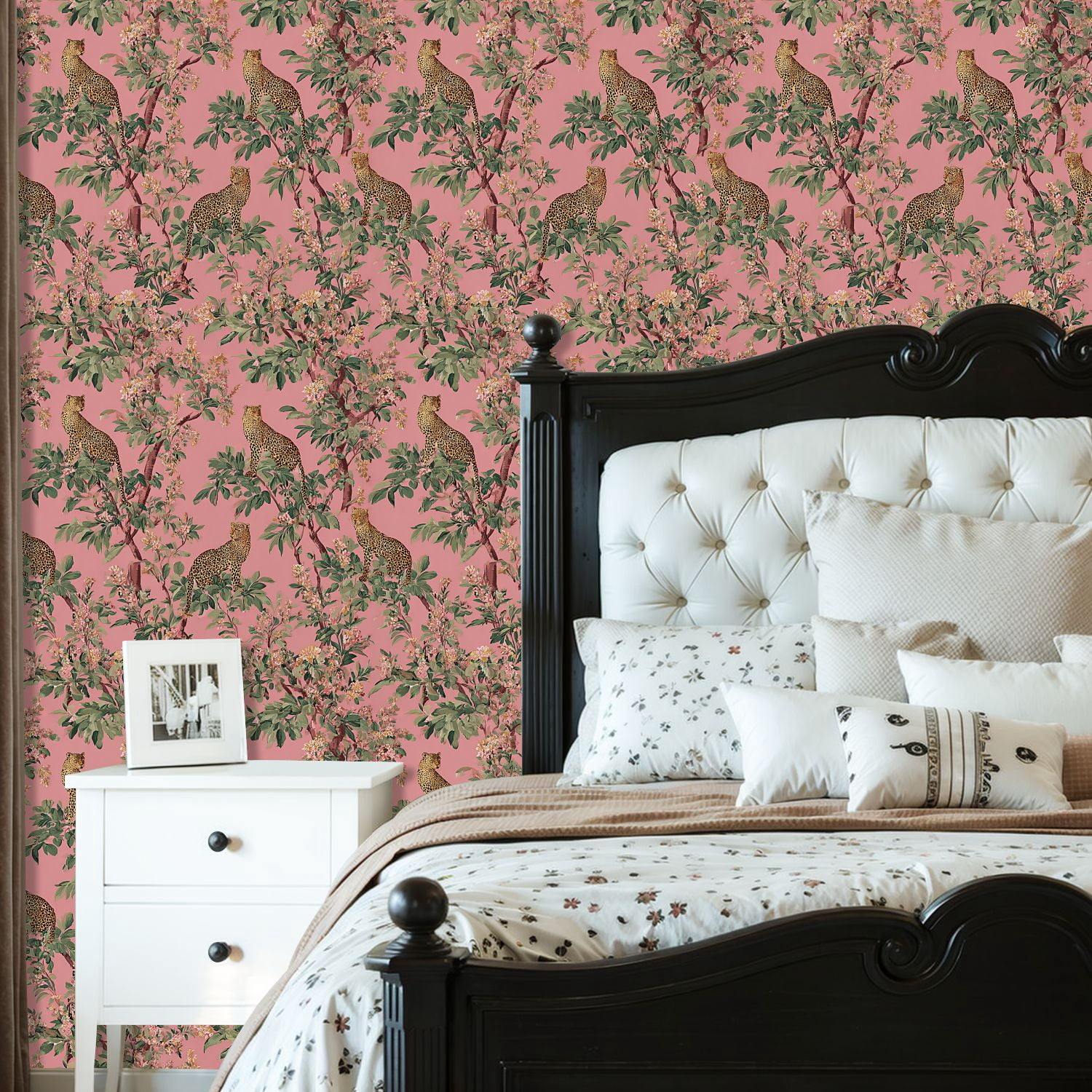 Peel and Stick Wallpaper Leopard Print Floral Pink Wall Mural 23.6in x 9.8ft Self Adhesive Removable Wall Paper Renter Friendly Wallpaper for Nursery Bedroom Cabinets