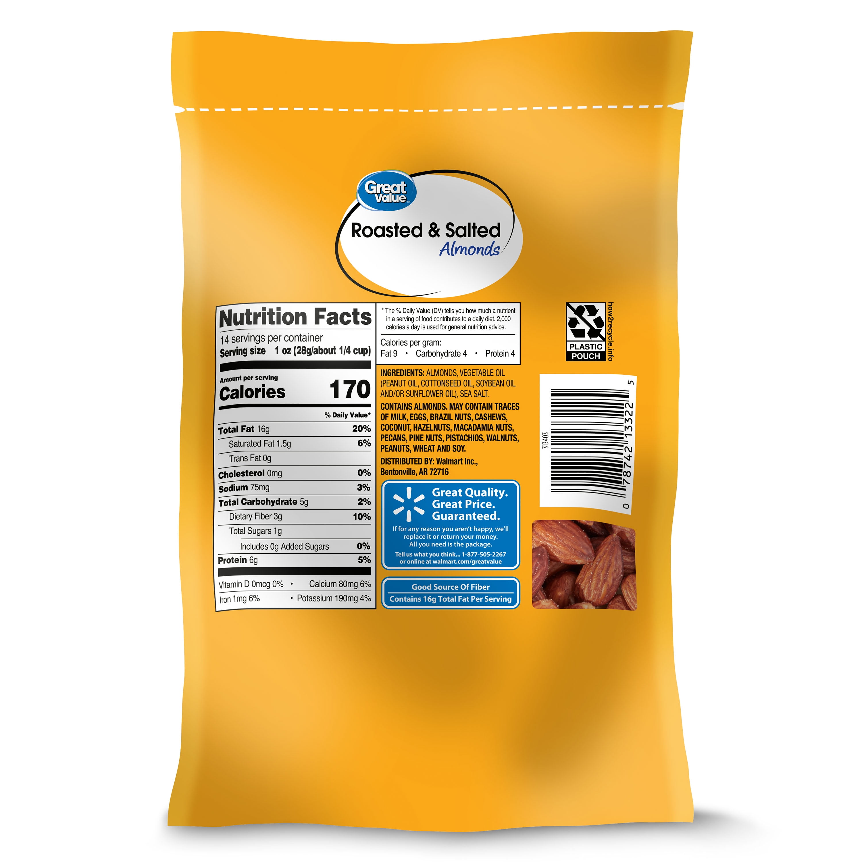 Great Value Roasted & Salted Almonds, 14 Oz
