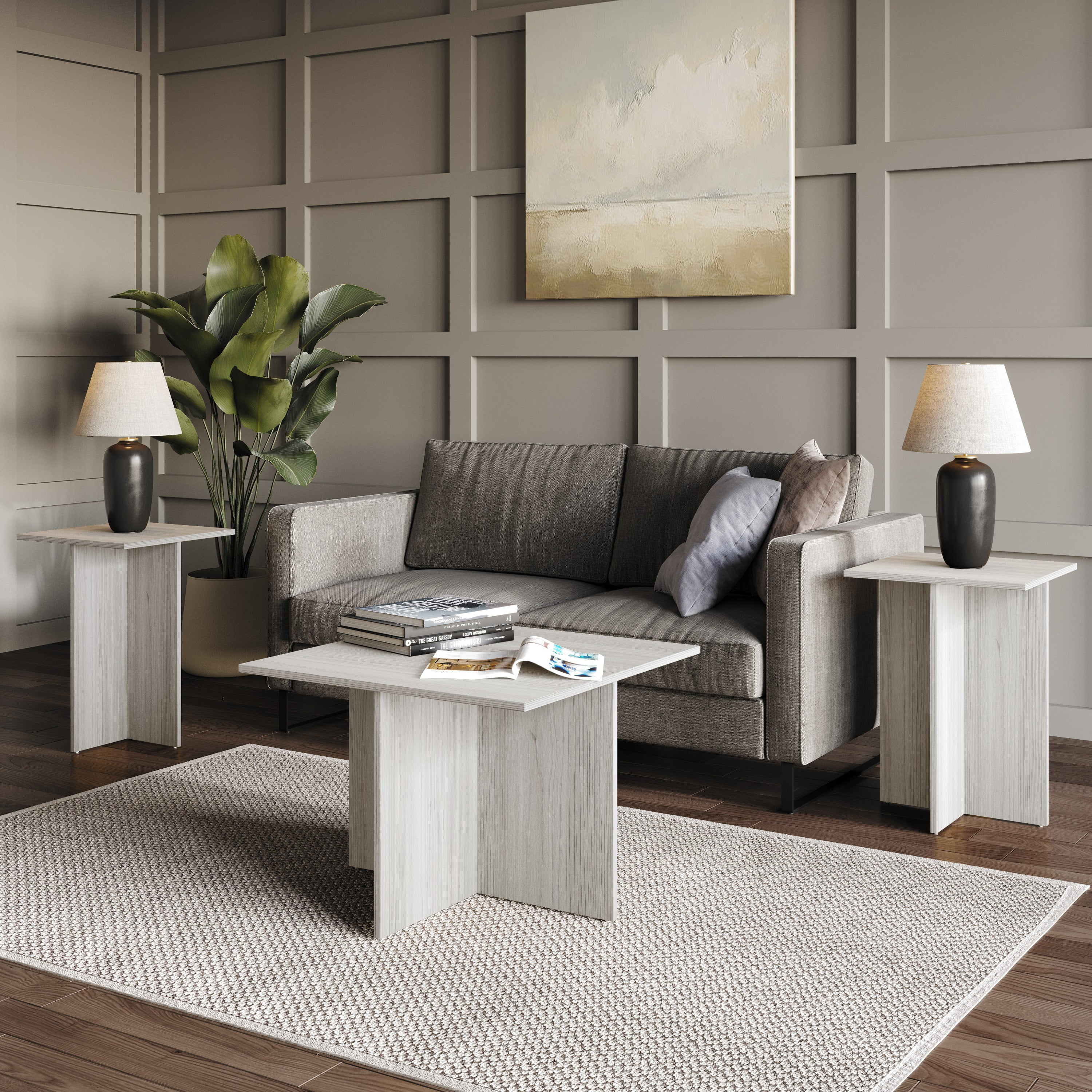 Home Design Joliet 3-Piece Coffee Set with Rectangular Tables, Natural Wood Finish and Modern Open Shelf, Light Gray