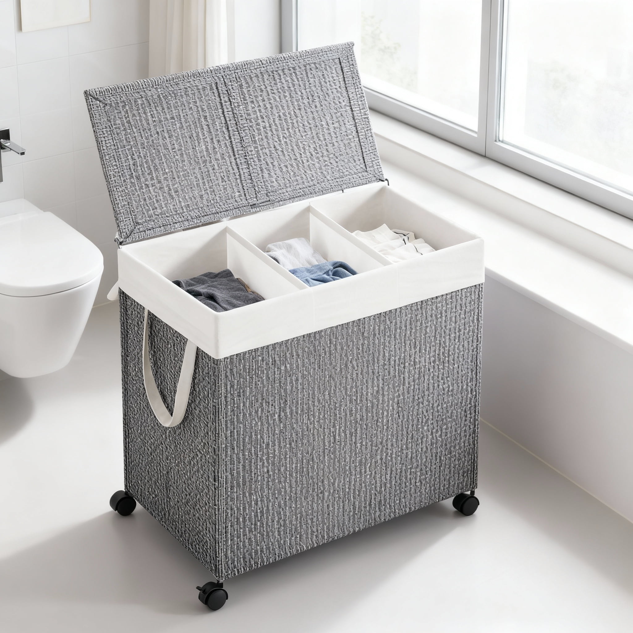 LEDREM Laundry Hamper with 3 Sections, Large 140L Rolling Clothes Basket with Lid, Removable Liner, Wheels, Rattan-Style, Dove Gray and White