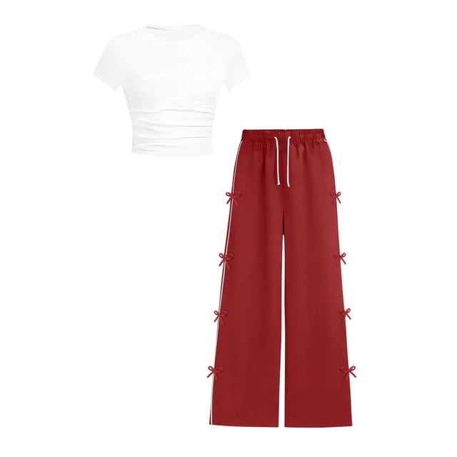 Zpanxa Girls Sets Ruched Short Length T Shirt with Bow Pocket and Long Pants Set 7-8 Years