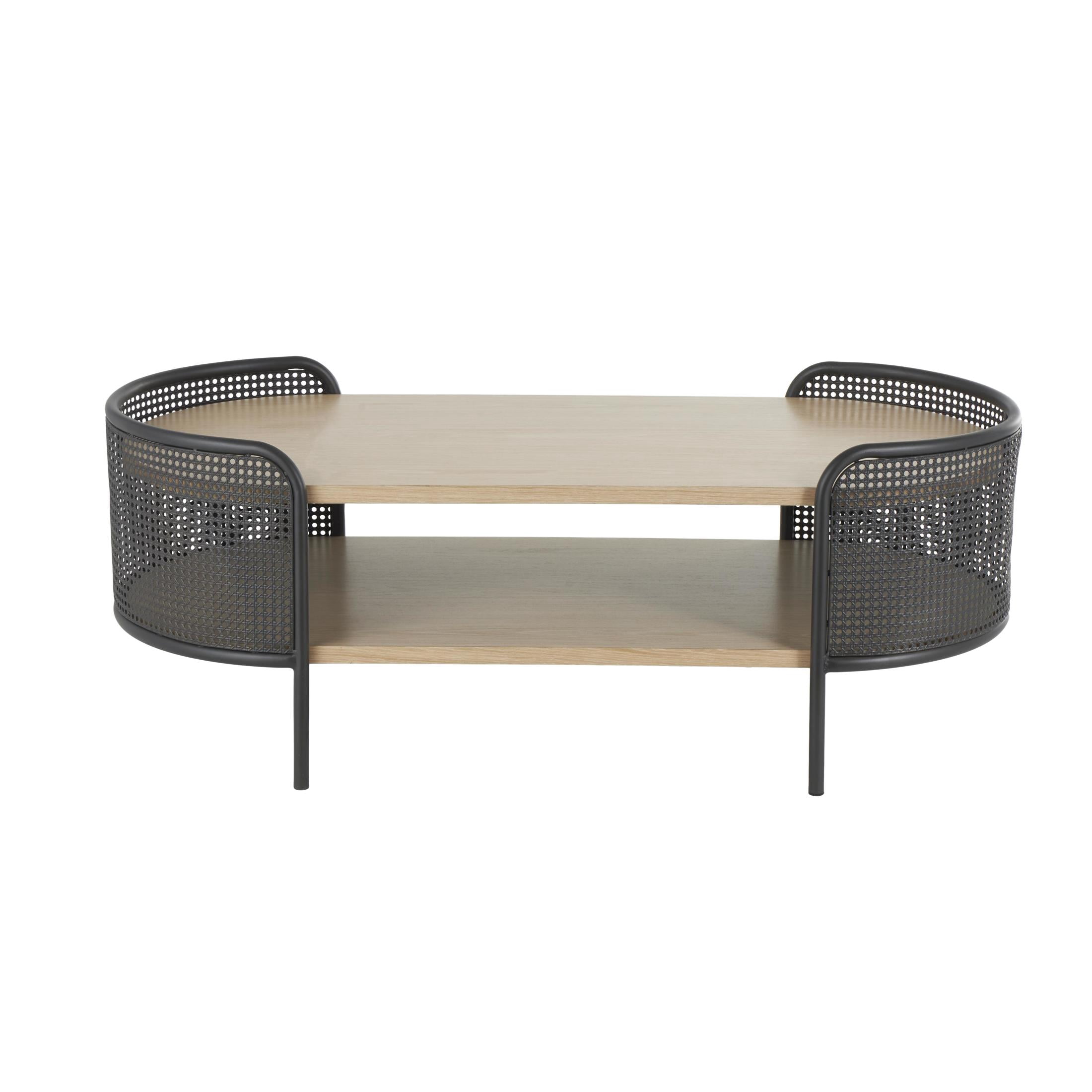 DecMode 49" x 18" Light Brown Wooden Oval Two-Toned Coffee Table with Mesh Side Panels and Brown Wood Tabletop, 1-Piece