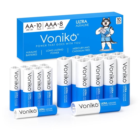 Voniko 1.5V AA and AAA Batteries, 18 Pack Combo Pack Alkaline Battery-10 Double A and 8 Triple A