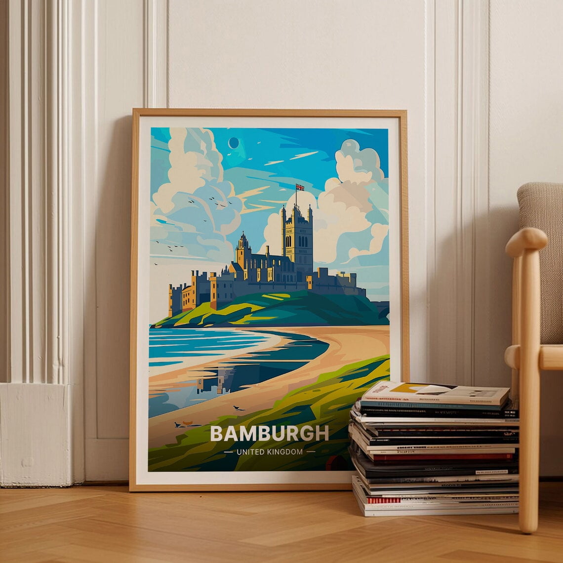 Bamburgh Castle Travel Poster Uk Landscape Wall Art Unique Gift For Travelers Home Decor Idea Wall Art Modern Wall Decor 24x36 UNFRAMED