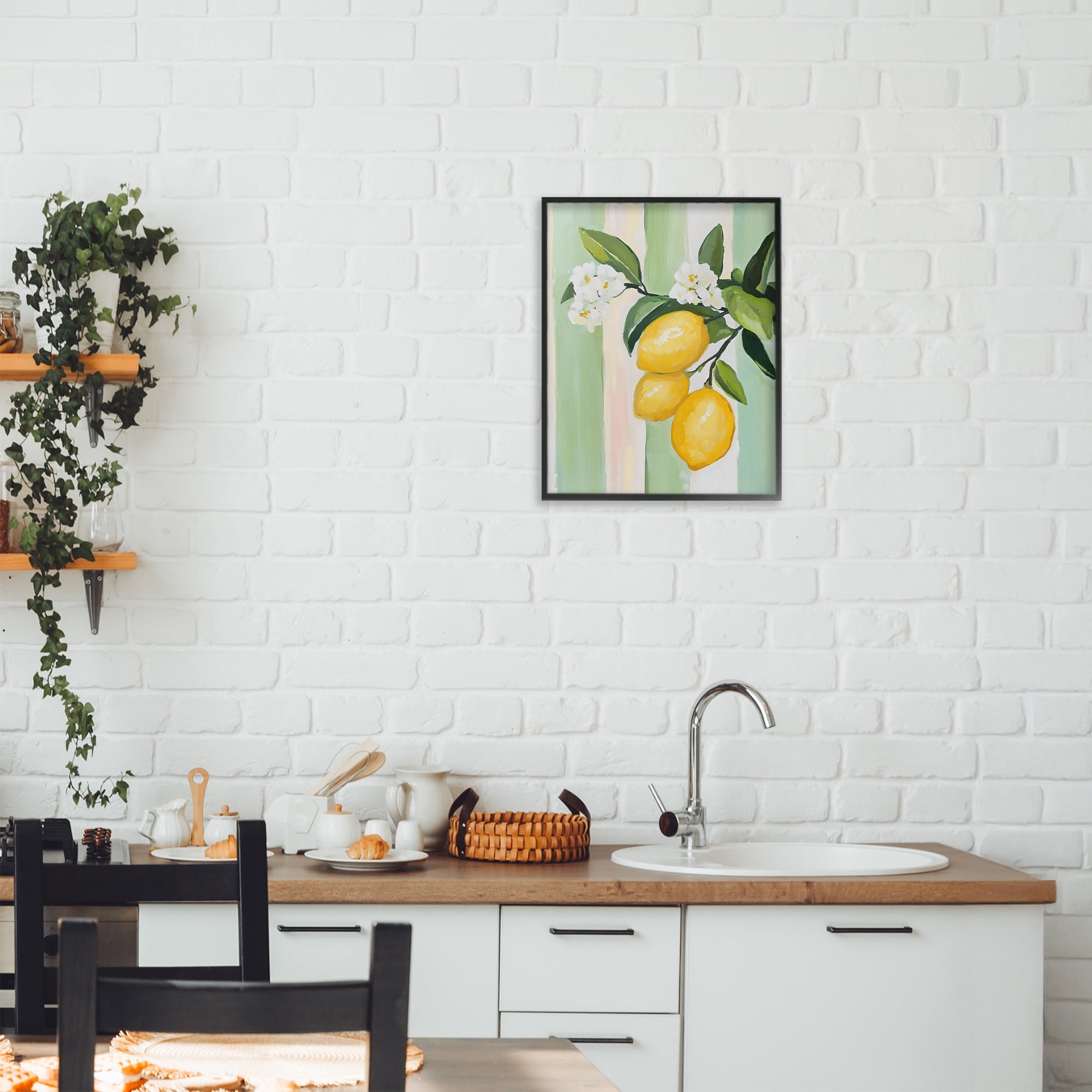 Stupell Industries Lemons & Flowers on Stripes Black Framed Giclee Art, design by The Prints Vibe