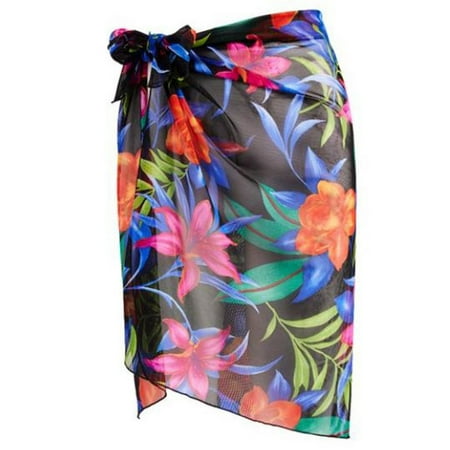 Deep Blue Swim Womens Black Tropical Floral Sarong Swim Cover-up One Size