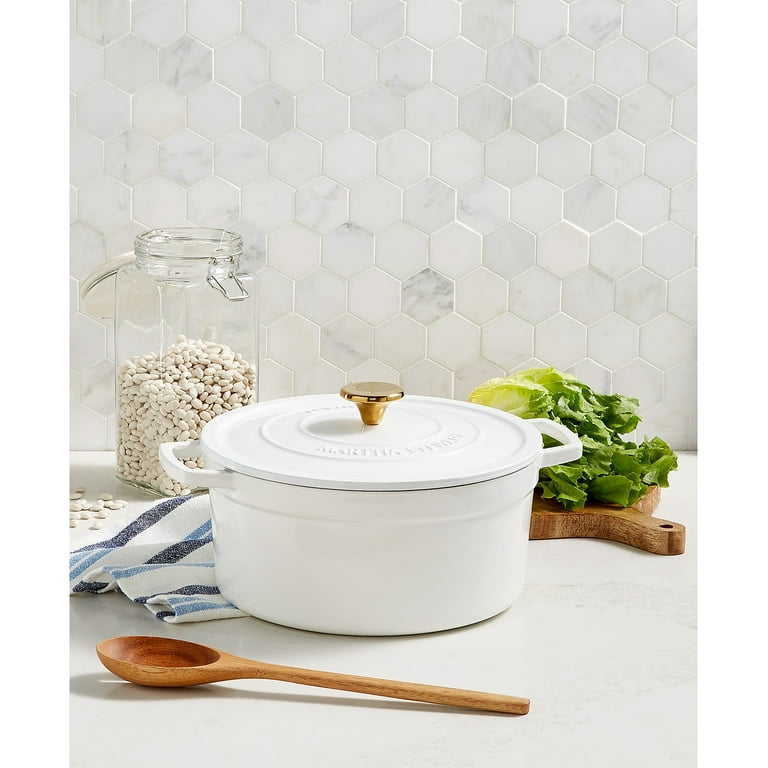 Martha Stewart Collection Enameled Cast Iron Round 6-Quart Dutch Oven, Ideal for Baking Casseroles, Browning Meats or Slow-Cooking Your Favorite Dishes, White (New Open Box)