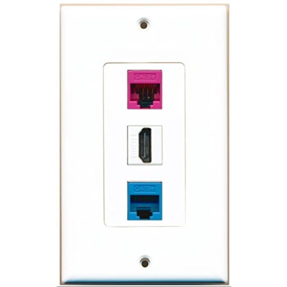 RiteAV - 1 Port HDMI 1 Cat5e Ethernet Blue 1 Cat5e Ethernet Pink Wall Plate Decorative
