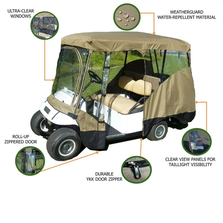 Covered Living 3 Sided Drivable Golf Cart 2 Seater Enclosure with Zippered Door, Fits E Z Go, Club Car and Yamaha G Model Roof Up to 58 inchl