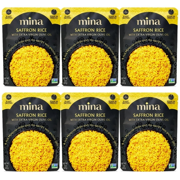 Mina Saffron Rice, With Extra Virgin Olive Oil, Ready to Eat, Yellow Rice, Side Dishes, Microwave Rice, Vegan Protein, Non-GMO, Gluten-Free, Kosher, 8 oz (Pack of 6)