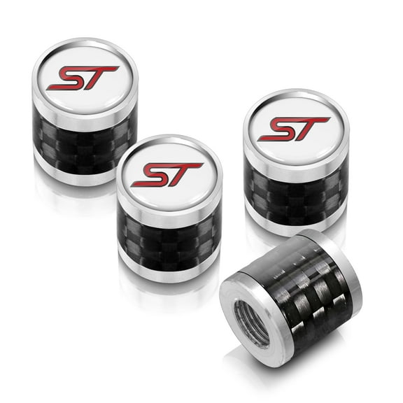 iPick Image for Ford ST in White on Real Carbon Fiber Barrel Silver Aluminum Tire Valve Stem Caps, Official Licensed