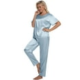thumbnail image 3 of DAKIMOE Womens Silk Satin Pajama Set Short Sleeve Shirt with Long Pajamas Pant Set Two-piece Pj Sets Soft Sleepwear Loungewear Nightwear Pjs S-2XL, Gray Blue, XL, 3 of 10