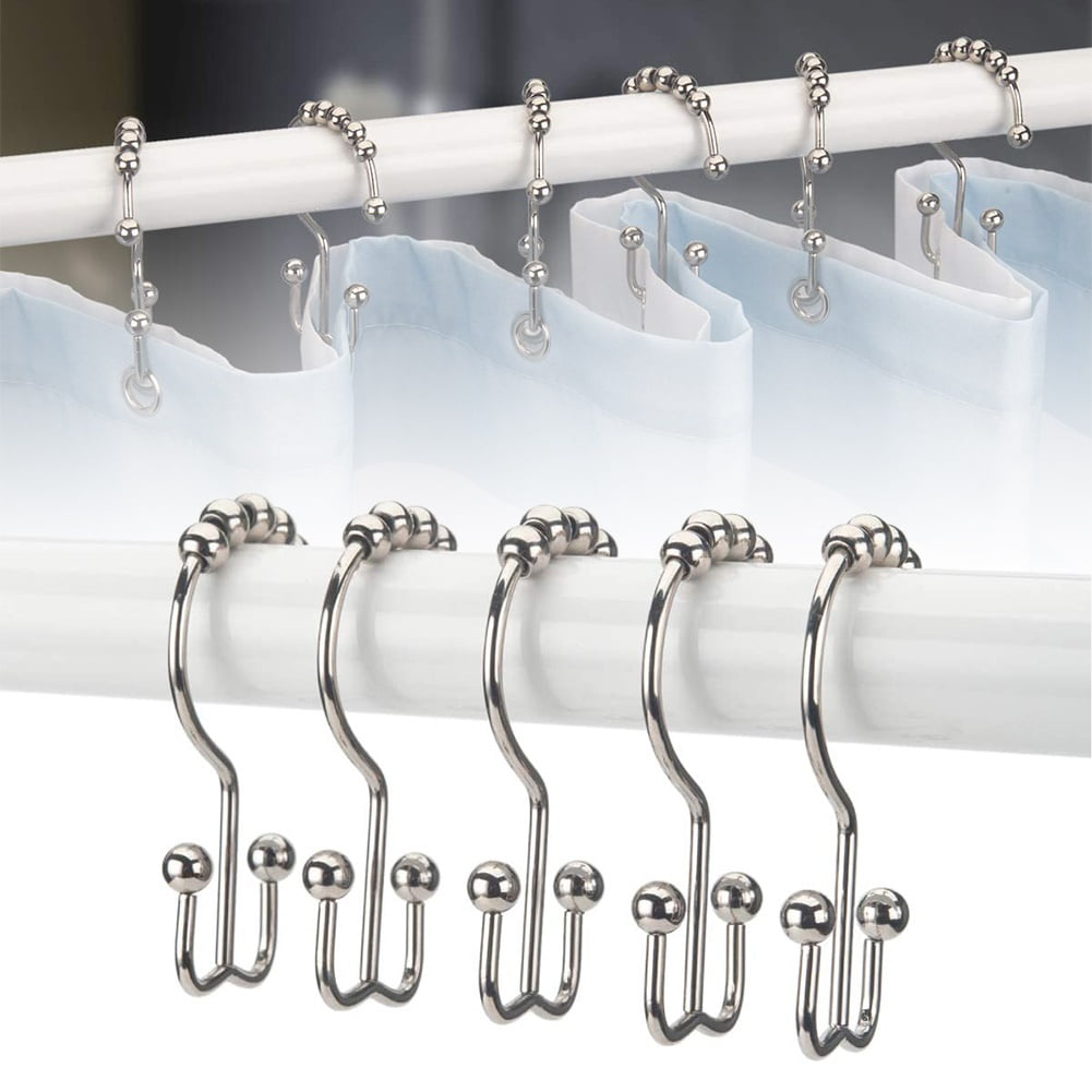 5PCS Bathroom Roller Ball Bath Shower Curtain Rings Hanging Hooks Rod Tools 
