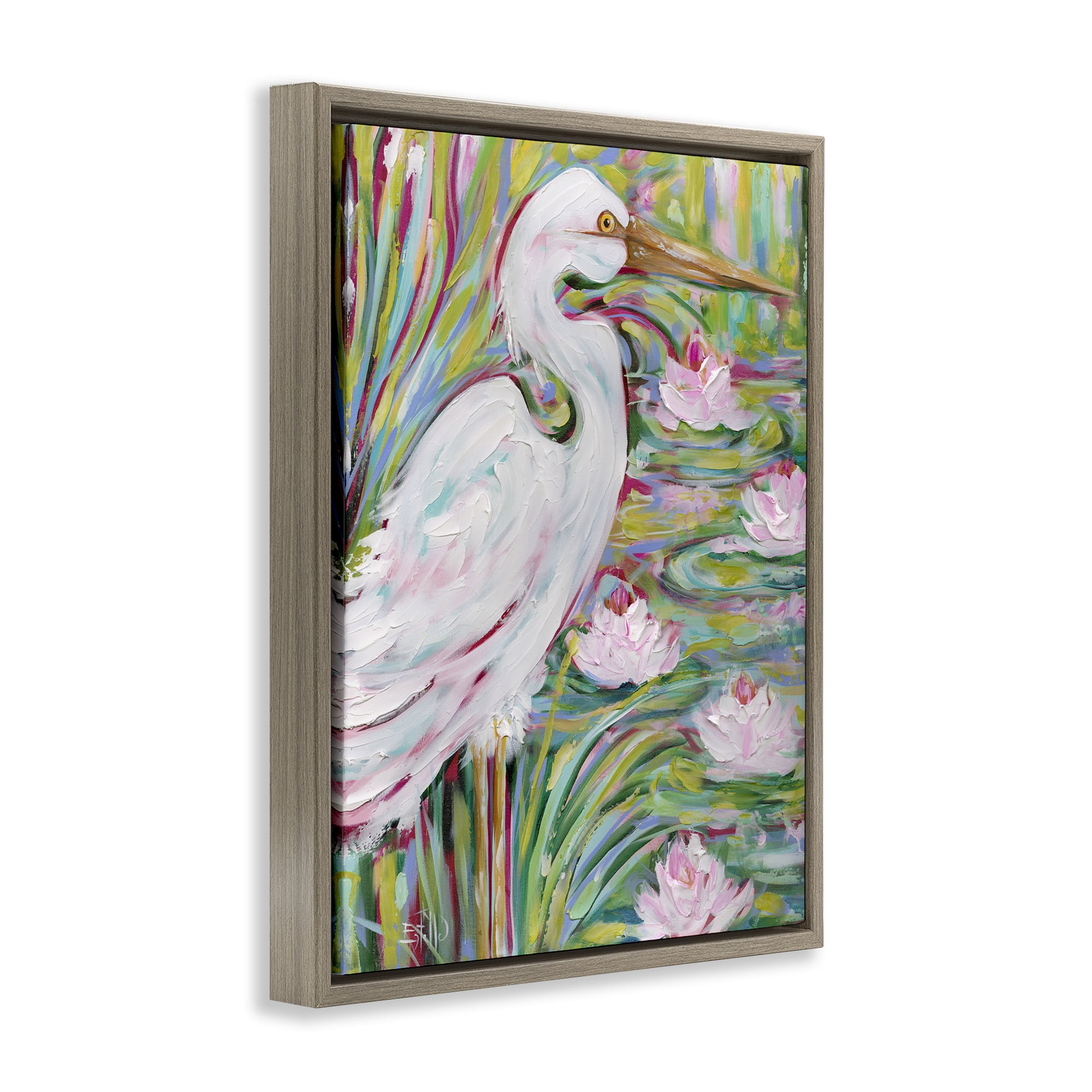 Stupell Industries Great White Egret & Lotus Animals Painting Brown Floater Framed Canvas Art Print Wall Art, 17 x 21