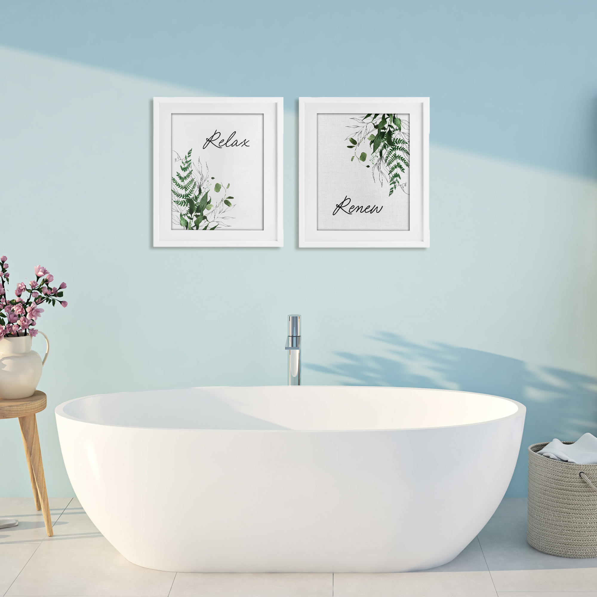 Relax Renew Botanical Leaves 2 Piece White Framed Print Under Glass Set, design by Lettered and Lined