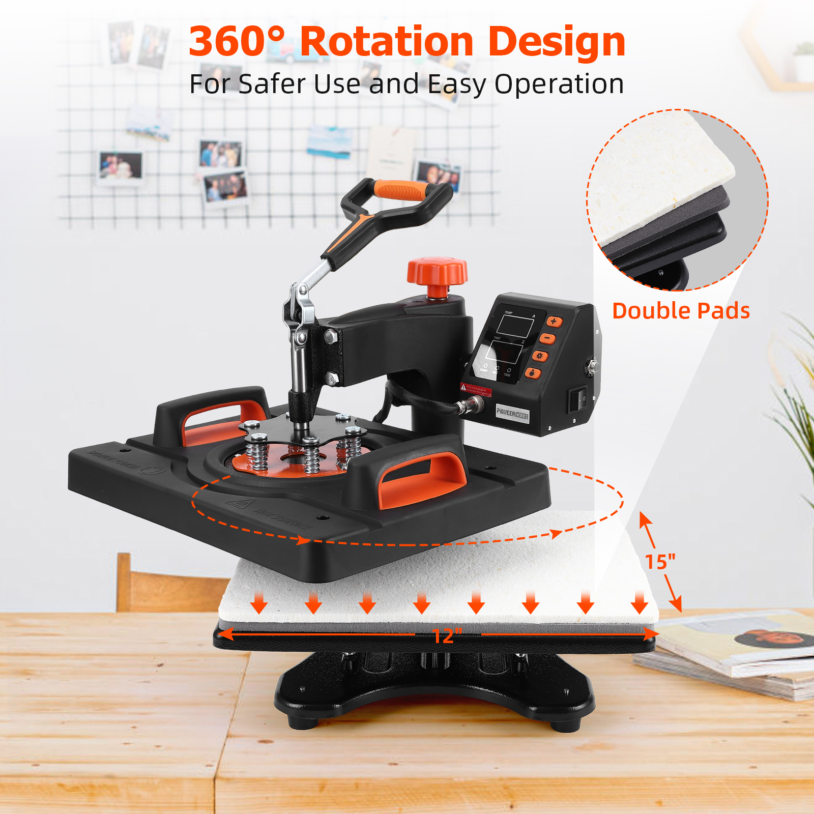 6-in-1 Heat Press Machine for T-Shirts and Hats, 800W Sublimation Heat Press with 360° Rotation Swing-Away Design, Dual-Tube Heating for DIY Printing on T-Shirts, Caps, and Mugs (12 X 15'')