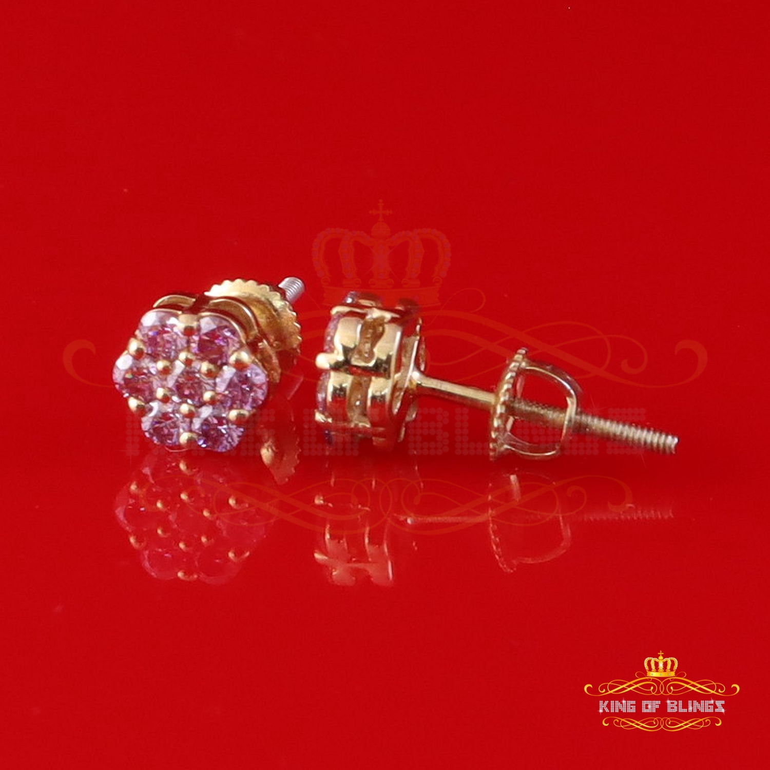 King of Bling's 925 Silver Yellow 0.50ct VVS D Pink Moissanite Mens /Women Floral Stud Earrings