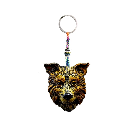 Brown Australian Shepherd Dog Head Pet Animal 3D Figurine Keychain Multicolored Macramé Metal Ring - Handmade Gifts Boho Car Keys Bag Accessories