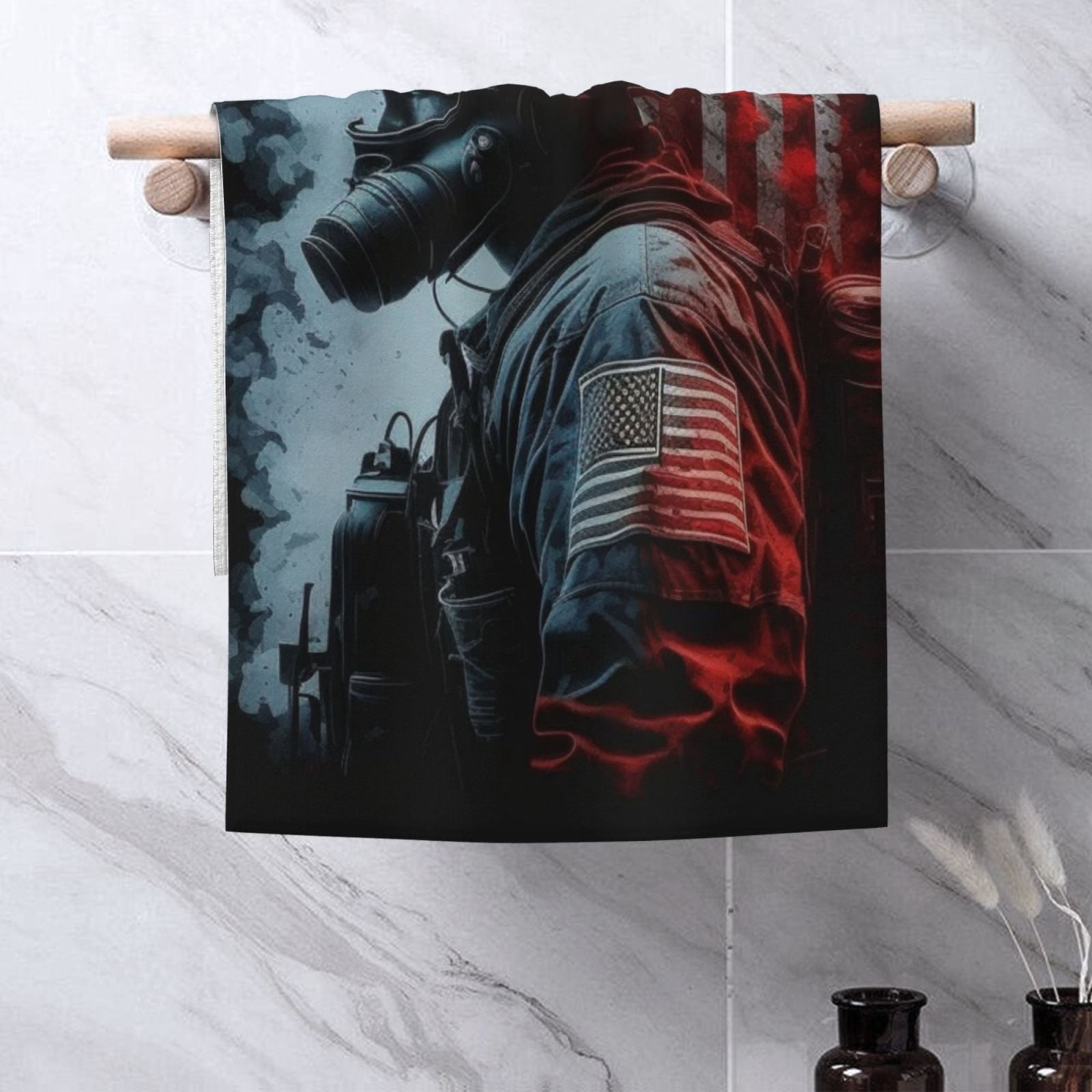 Fireman American Flag 27.5" x 16" Ultra Soft Hand Towel, Face Wash Cloth for Bathroom, Gym, Travel, Pool