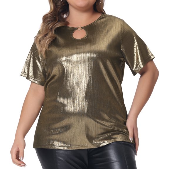 DARING DIVA Women's Plus Keyhole Metallic Round Neck Blouse 1X Gold