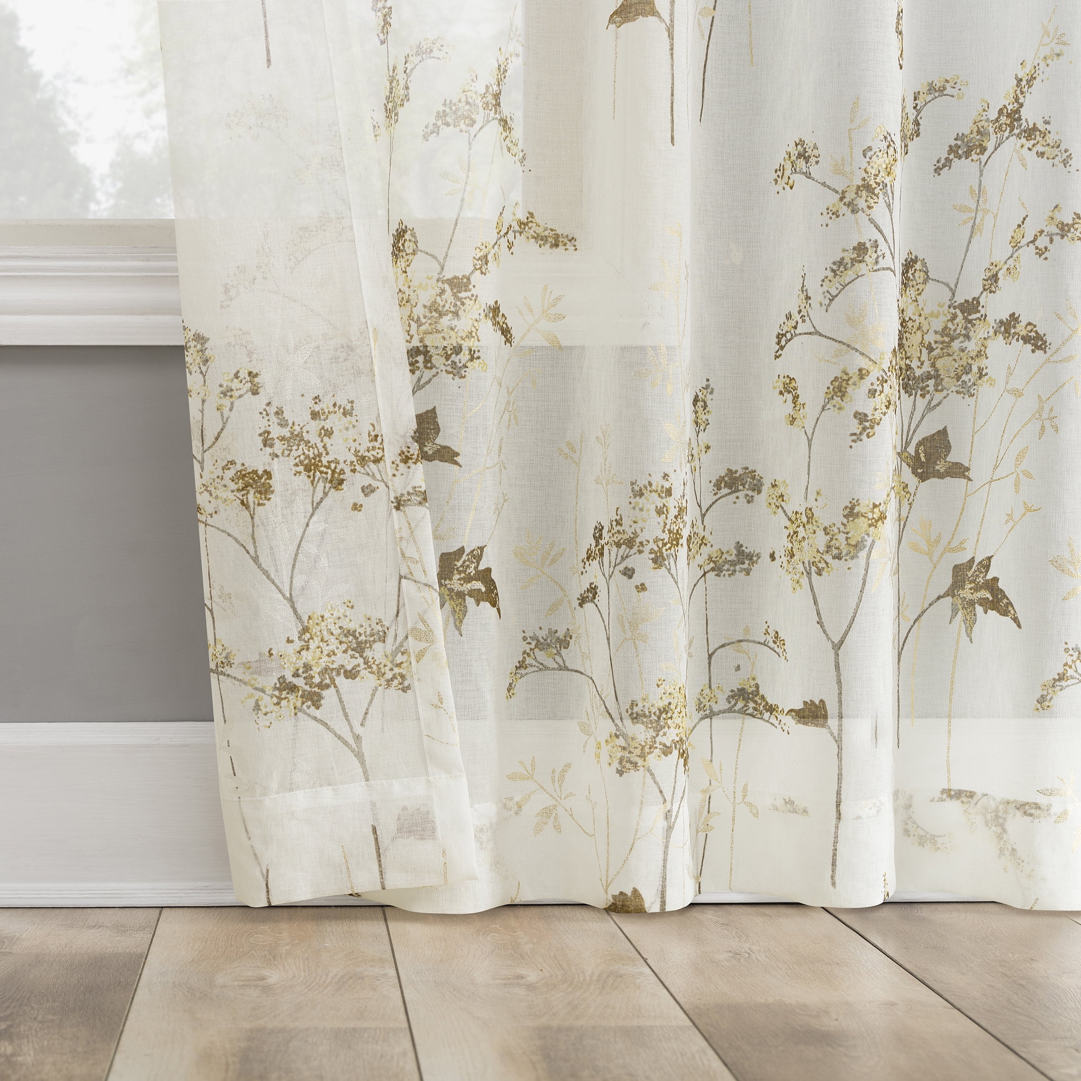 No. 918 Margot Botanical Print Sheer Rod Pocket Curtain Panel, 50"W X 84"L, Gold
