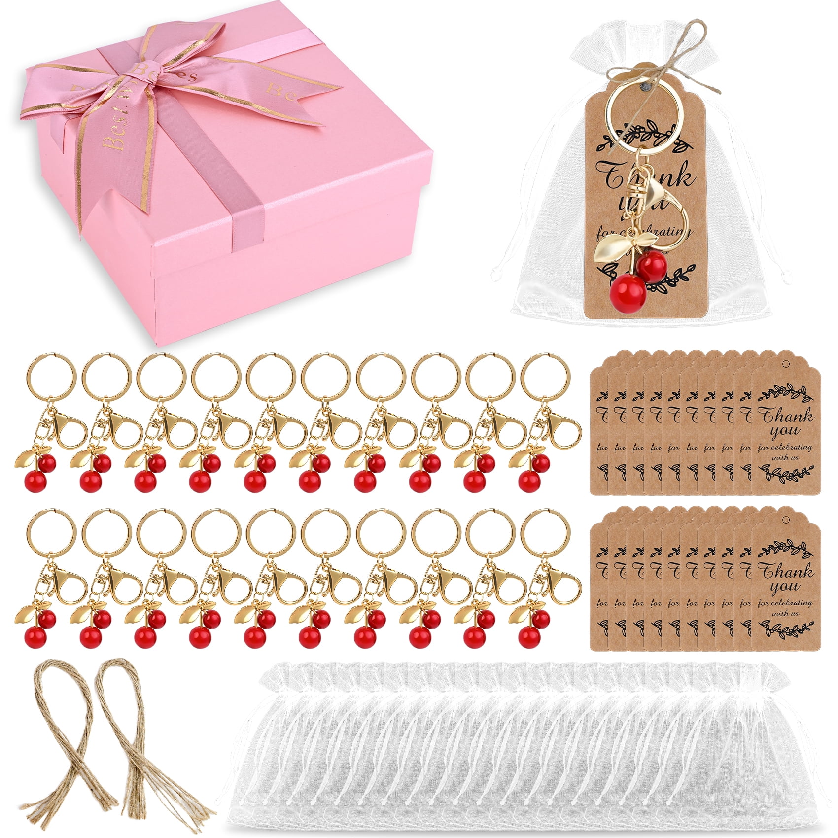 20 Set Cherry Keychain Party Favors Bulk Gift Set, Purse Charms Handbags Keyrings for Women Guests Baptism
